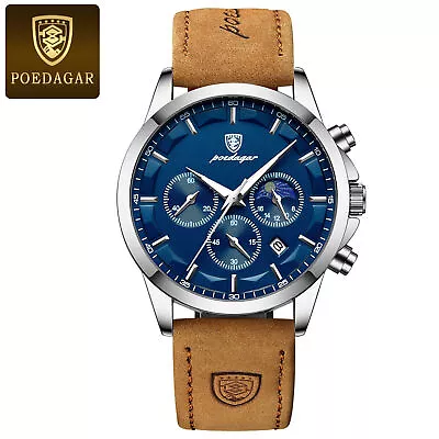 Men's Chronograph Quartz Watches Waterproof Luminous Date Leather Wristwatch UK • £16.99