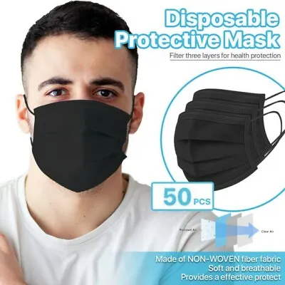 [Black] 50 Pcs Disposable Face Masks 3-Ply Non Medical Surgical Earloop Cover❗ • $6.39