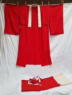 Authentic Japanese Silk Kimono/ Yukate Robe Red W Obi Belt & Wrap/ Nagajuban 3pc • $69.95