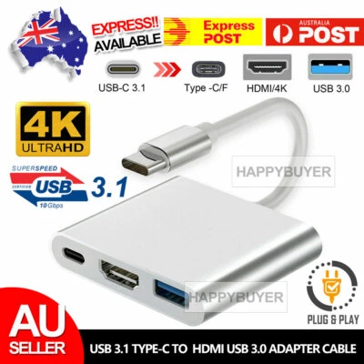 $9.95 • Buy 3 IN1 Type C USB C To Female HUB 4K HD HDMI Data Charging Cable Adapter USB AU