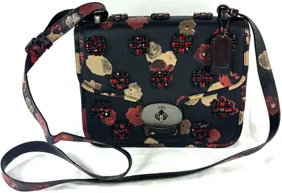 COACH Black Multicolor Leather Floral Print In Jeweled Satchel Crossbody Bag • $195