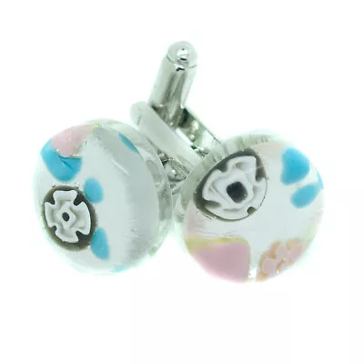 Murano Glass Cufflinks Circular Pink Silver Blue Venice Wedding Made In Italy • £15.95