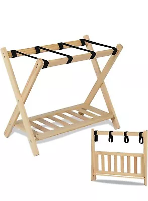 Solid Wood Folding Luggage Rack With Heavy-duty Straps And Shelf - New Natural • $25