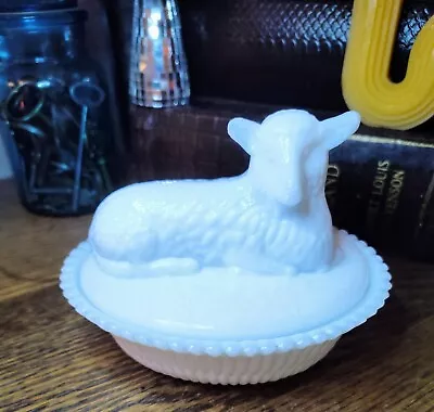 Vintage Milk Glass Lamb Figural Covered Dish Trinket Box • $12