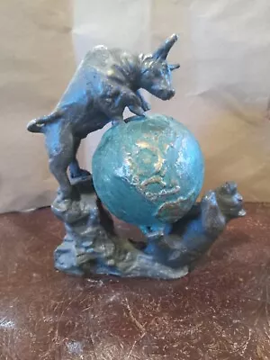 Wall Street Bull And Bear On Globe planet Solid Brass 4.5 Lb's • $499.99