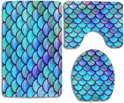 Coolsomejies Bright Rainbow Mermaid Scales Bathroom Rug Mats Set 3 Piece Toilet  • $31.95