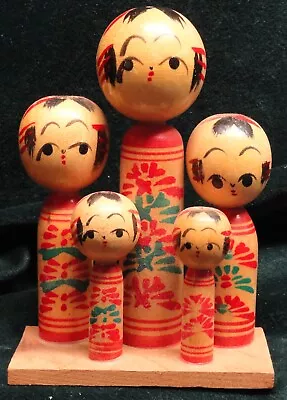 Vintage Wood Kokeshi Doll Four Children And One Adult Handmade Japan LOOK • $14.50