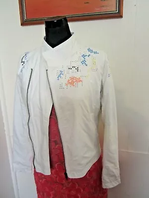 DESIGUAL Spain Embossed White Vegan Faux Leather Jacket Fits Size 8-10 • $50