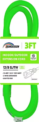 3FT 12/3 Lighted Outdoor Extension Cord - 12 Gauge 3 Prong SJTW Heavy Duty Neon • $11.44
