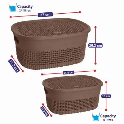 £14.99 • Buy Set Of BROWN Small & Large Storage Basket With Lid Handle Home Kitchen Bathroom