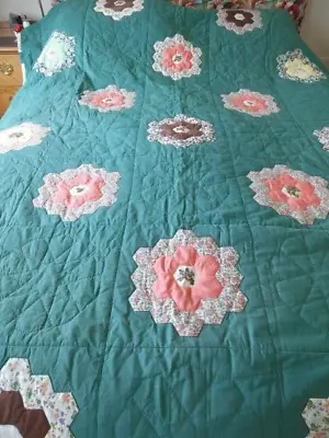 Handmade Genuine Vintage Patchwork Quilt Throw 252cm X 188cm Green With Flowers • £165