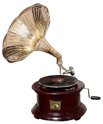 Replica Gramophone Player 78 Rpm Round Phonograph Brass Horn HMV Vintage Mech • £89.99