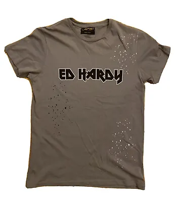 Men’s ED HARDY Size Small (S) Spell Out Dark Grey Round Neck T Shirt • £14.99