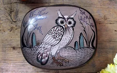 Wise Owl & Cactus Clay Box Hand Painted Burnished By Mera Tonala Mexico Folk Art • $38