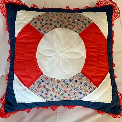 Vintage Blue And Red Quilted Accent Pillow  Lace Border And Pinstripe Backing • $10