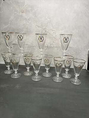 W1 Vtg Monogram Initial M Gold Logo Trim Apertif Drinking Glasses Set Of 12 • $7.99