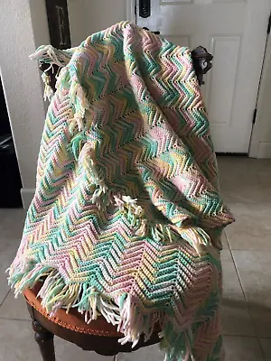 $25 • Buy Vintage Retro Chevron Crochet Boho Sofa Afghan Blanket Throw Multi-color 50 X 36