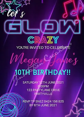 DIY Print Custom BOYS GIRLS DISCO GLOW NEON DANCE BIRTHDAY Party Invitations • £6.20