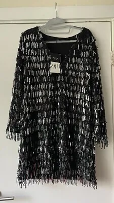 Zara Dress - Fringed Hessian - Black/Silver - Size EUR L • £30
