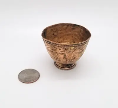 Vintage Brass Turkish Turkey Etched Floral Small Cup Bowl Ink Well Unknown Use • $7.50