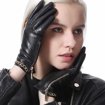 Women Winter Warm Side Zipper Grid With Chain Real Leather Gloves • $36