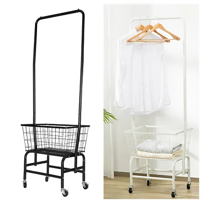 $75.99 • Buy Wire Laundry Basket Cart W/Hanger Rack Trolley Grocery 4 Wheels Black White