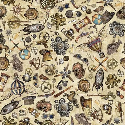 QT Fabrics Steampunk Adventures By Dan Morris 29563 E Ecru Steampunk Toss Cotton • $15.99