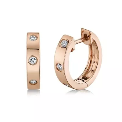 14K Rose Gold Round Cut Natural Diamond Huggie Hoop Earrings 0.10 Cttw • $406.32