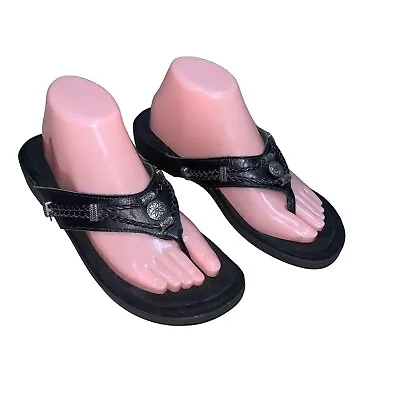 Minnetonka Women's Size 9 Silverthorne Thong Sandals Black Leather Southwestern • $25.95