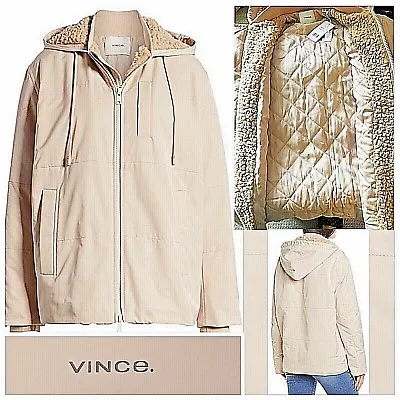 NWT $750 Vince Faux Shearling Lined Puffer Jacket LARGE W/ Hood In Mochi Lt Tan • $119.99