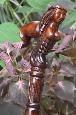 Mermaid Wooden Hand Carved Cane Handcrafted Walking Stick With Ergonomic Handle • $140