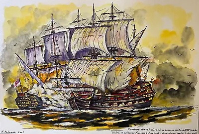 Combat Naval French English Starships IN Two Bridges Of Xviie Gouache Of 2001 • £46.24