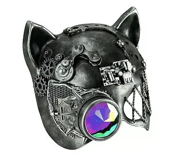 Steamkpunk Cat Robot Kitty Halloween Mask With Light Refraction Monocle Silver • $29.99