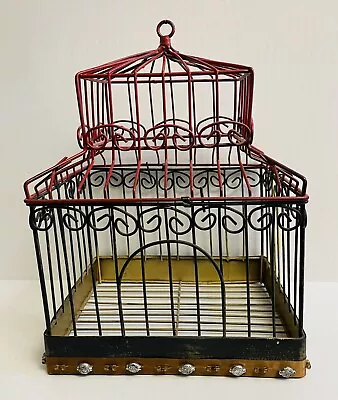 Vintage Decorative Bird Cage 10.5  Hanging Or Table Metal Red Black Gold Beads • $19