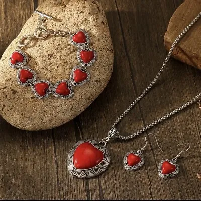 Fancy Silver Plated Red Heart Necklace Earrings Bracelet Set! • $13