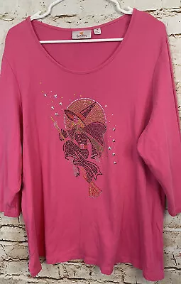 Quacker Factory Halloween Top Tunic Tee Women 1X Witch Rhinestone 3/4 Slv Pink • $16.95