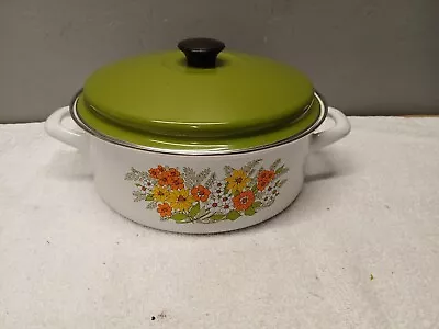 Enamelware Pot With Handles & Lid Floral Vintage MCM Avocado Green 1950/60s   • $19.99