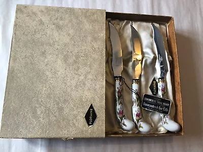 A.E. LEWIS Sheffield England Knifes Floraine Porcelain Handle Lot Of 3 + Box • $75