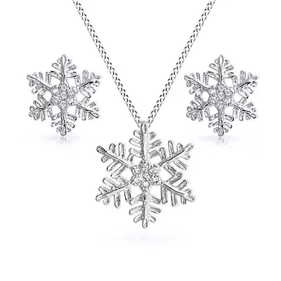 Round Snowflake Winter Necklace Earrings Set Sterling Silver • $62.99