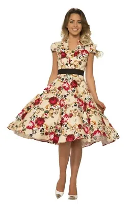 H&R London Vanilla Roses Floral Flowers Pinup Rockabilly Goth Swing Dress 9502 • $39.99