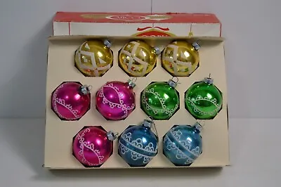 12 Vintage Coby Glass Christmas Tree Ornaments With Box Glitter Lace Geometrics • $99