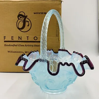 Fenton Glass QVC Blue Opaline Lily Of The Valley Basket With Plum Crest HTF • £168.78