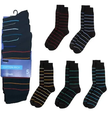 Mens Ex M&s 5 Pack Striped Black Cotton Rich  Colourful Striped Socks Br482 • £12.99