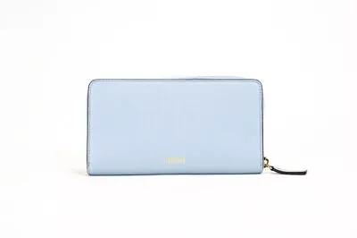 Versace Grainy Leather Gold Monogram Zip Around Clutch Wallet 'Cornflower Blue' • $1114