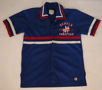Vintage 80s Champion Brand Bowling Shirt Christian School Size Small Blue S • $34.99