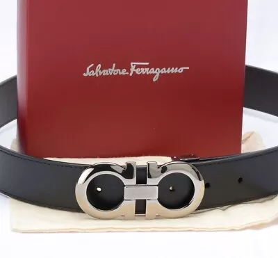 NEW Salvatore Ferragamo Gancini Reversible Belt 35mm Black/Hickory Silver Buckle • $299.75