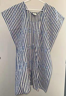 Tuckernuck Blue Stripe Mini Dress Sullivan Embroidered Canvas Caftan Size Medium • $49.93