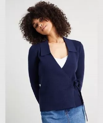 £9.99 • Buy Tu Navy Skinny Ribbed Collared Wrapover Cardigan Jumper Sz 12