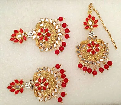 Red Kundan Bridal Maang Tikka Earrings Set Pearl Mirror Gold Tone Indian Jewelry • $23.64