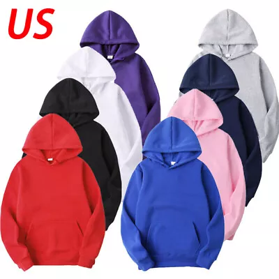 US Men Plain Pullover Hoodies Casual Hooded Sweatshirt Long Sleeve Classic Top • $14.31